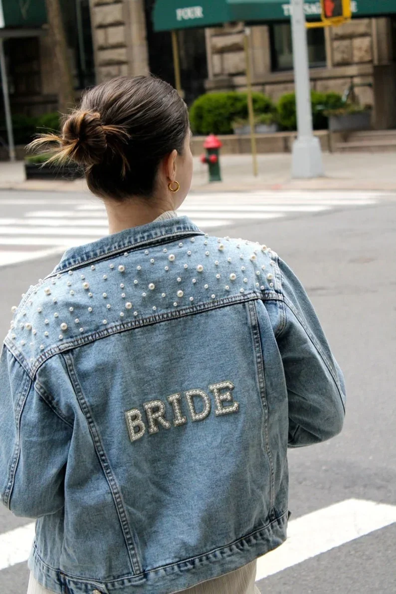 BRIDE Rhinestone and Pearl Denim Jacket Custom Mrs. Jean Jacket Wifey Denim Personalized Bridal Wedding Jacket Bride to Be Coats