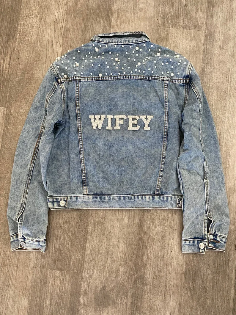 BRIDE Rhinestone and Pearl Denim Jacket Custom Mrs. Jean Jacket Wifey Denim Personalized Bridal Wedding Jacket Bride to Be Coats