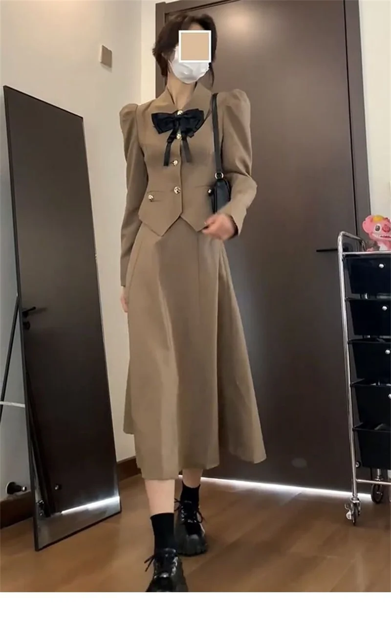 2023 New Fit Early Autumn French Vintage Bow Small Fragrant Coat Long Half Skirt Two Piece Set for Women
