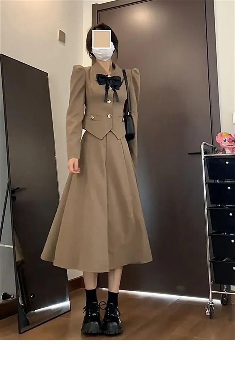 2023 New Fit Early Autumn French Vintage Bow Small Fragrant Coat Long Half Skirt Two Piece Set for Women