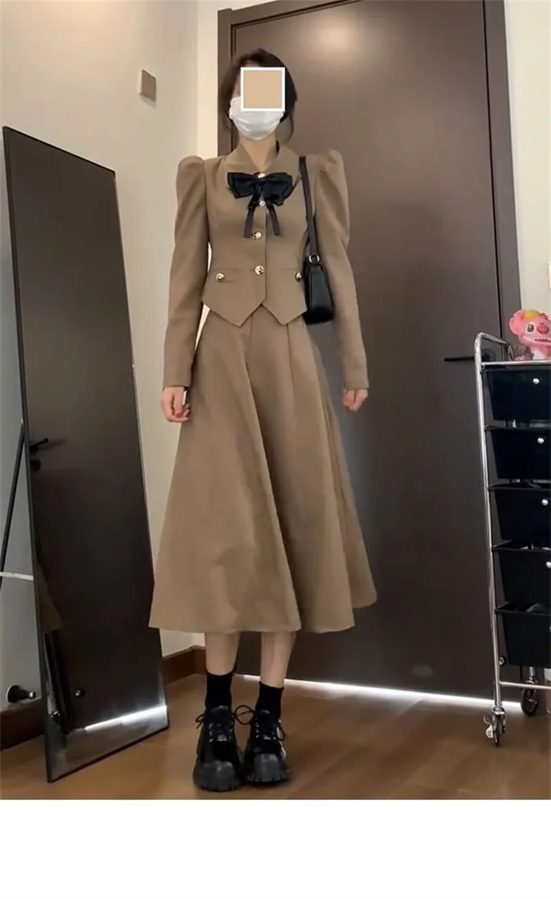 2023 New Fit Early Autumn French Vintage Bow Small Fragrant Coat Long Half Skirt Two Piece Set for Women