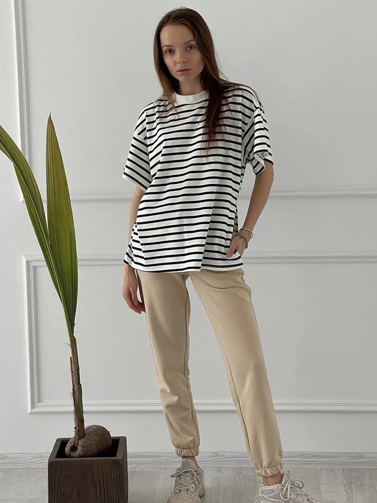 Hirsionsan Summer Oversized 100% Cotton T Shirt Women 2023 New Loose Striped Split Tees Casual Tshirt Basic Female Tops