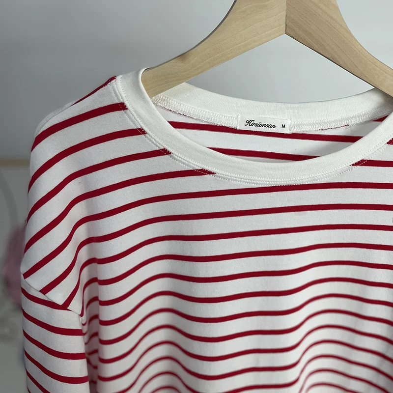 Hirsionsan Summer Oversized 100% Cotton T Shirt Women 2023 New Loose Striped Split Tees Casual Tshirt Basic Female Tops