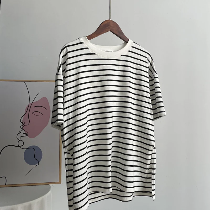 Hirsionsan Summer Oversized 100% Cotton T Shirt Women 2023 New Loose Striped Split Tees Casual Tshirt Basic Female Tops