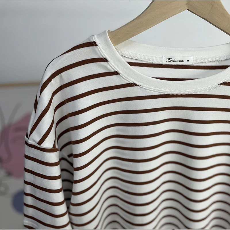 Hirsionsan Summer Oversized 100% Cotton T Shirt Women 2023 New Loose Striped Split Tees Casual Tshirt Basic Female Tops