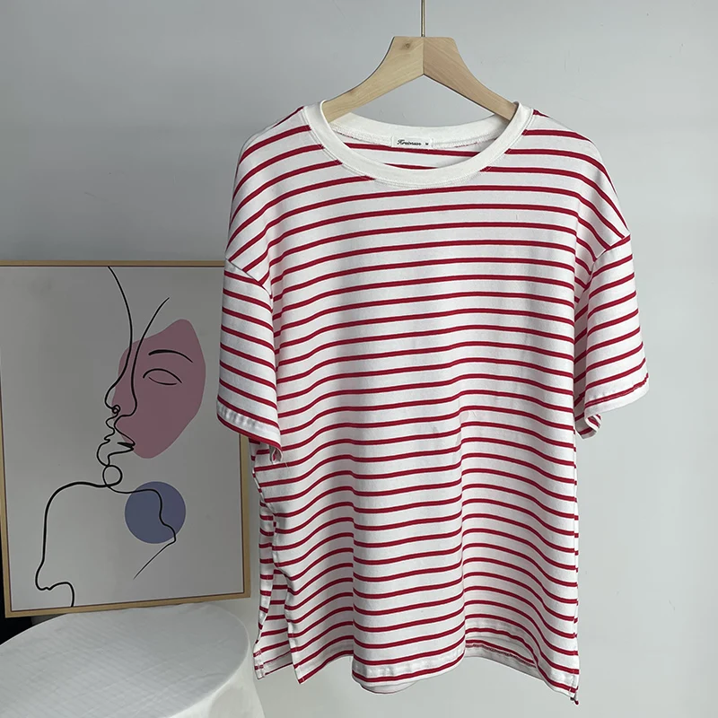 Hirsionsan Summer Oversized 100% Cotton T Shirt Women 2023 New Loose Striped Split Tees Casual Tshirt Basic Female Tops