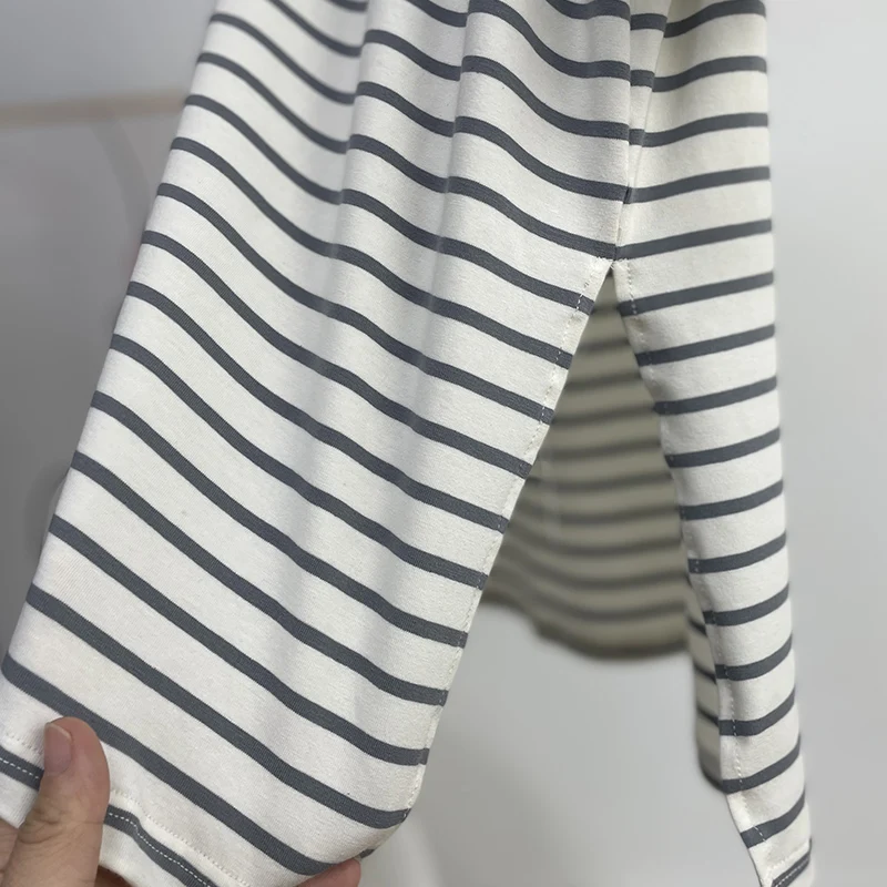 Hirsionsan Summer Oversized 100% Cotton T Shirt Women 2023 New Loose Striped Split Tees Casual Tshirt Basic Female Tops