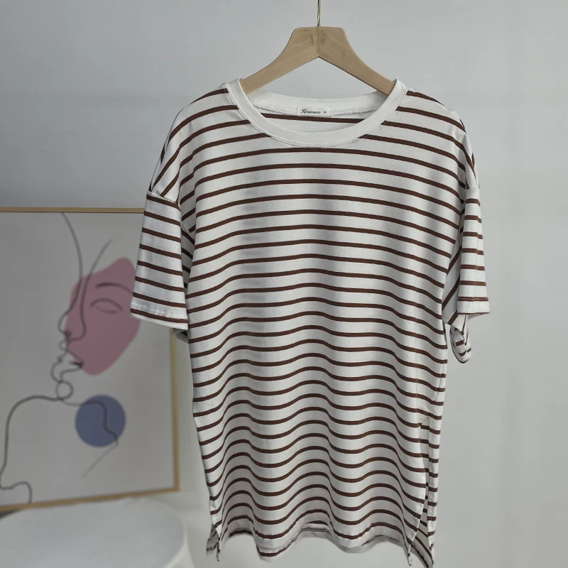 Hirsionsan Summer Oversized 100% Cotton T Shirt Women 2023 New Loose Striped Split Tees Casual Tshirt Basic Female Tops