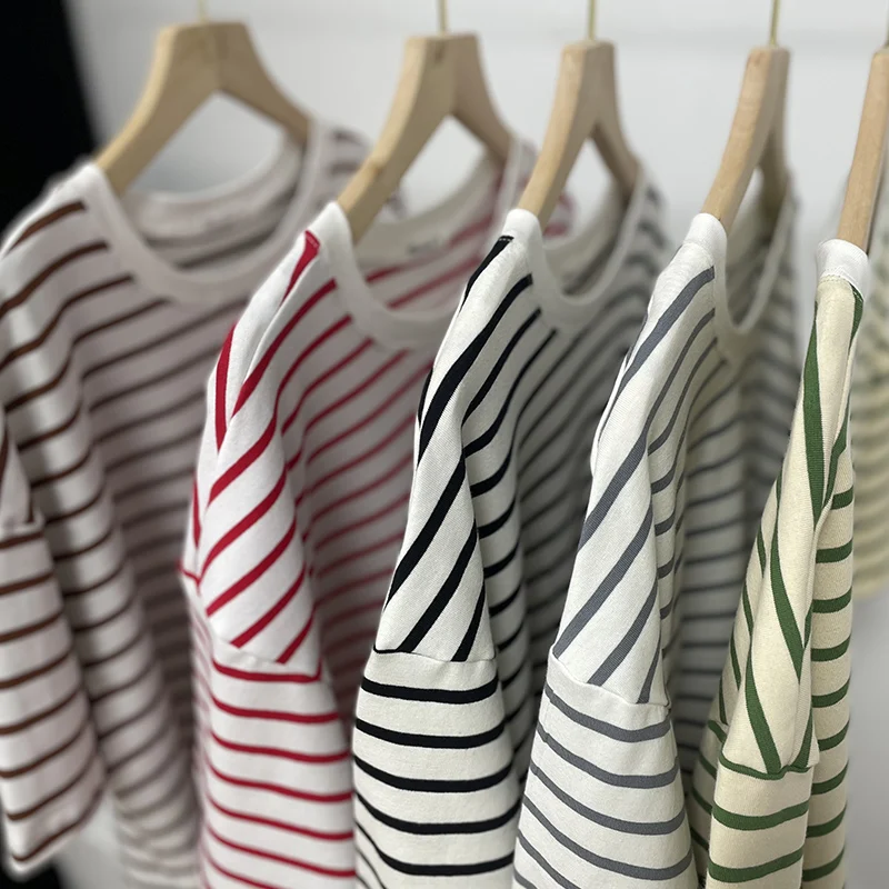 Hirsionsan Summer Oversized 100% Cotton T Shirt Women 2023 New Loose Striped Split Tees Casual Tshirt Basic Female Tops