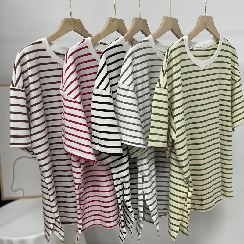 Hirsionsan Summer Oversized 100% Cotton T Shirt Women 2023 New Loose Striped Split Tees Casual Tshirt Basic Female Tops