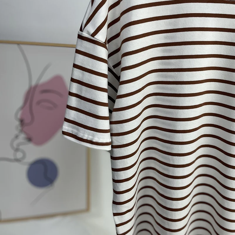 Hirsionsan Summer Oversized 100% Cotton T Shirt Women 2023 New Loose Striped Split Tees Casual Tshirt Basic Female Tops