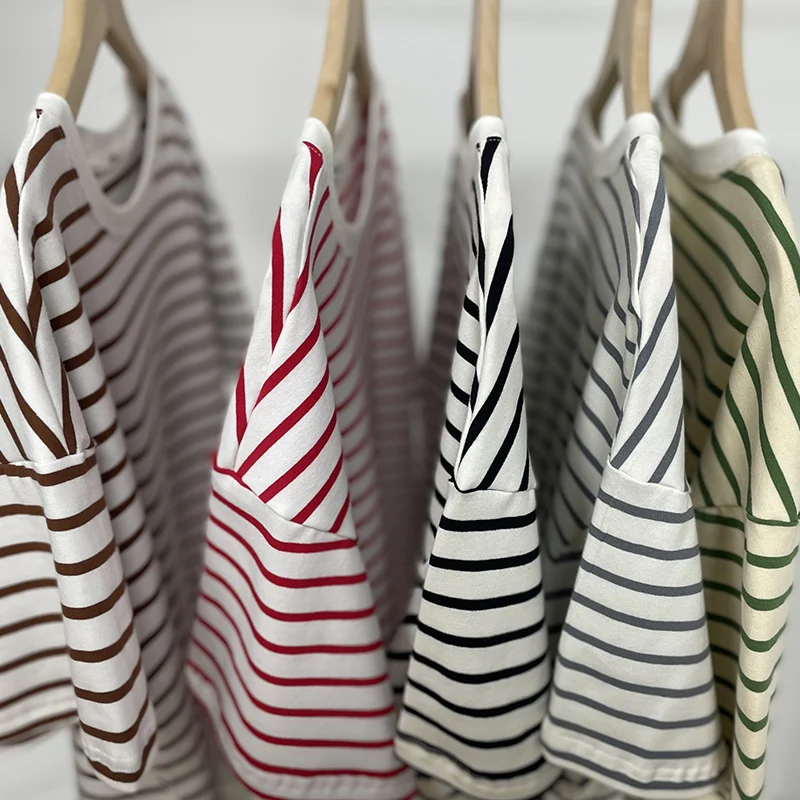 Hirsionsan Summer Oversized 100% Cotton T Shirt Women 2023 New Loose Striped Split Tees Casual Tshirt Basic Female Tops