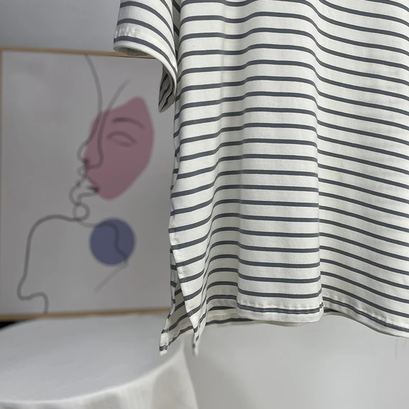 Hirsionsan Summer Oversized 100% Cotton T Shirt Women 2023 New Loose Striped Split Tees Casual Tshirt Basic Female Tops