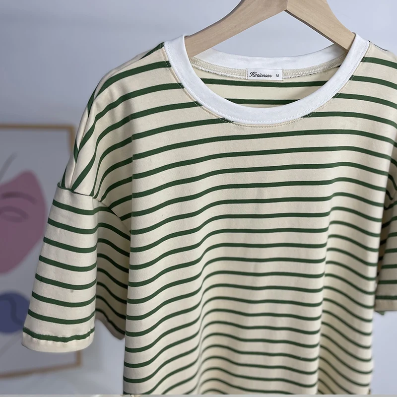 Hirsionsan Summer Oversized 100% Cotton T Shirt Women 2023 New Loose Striped Split Tees Casual Tshirt Basic Female Tops