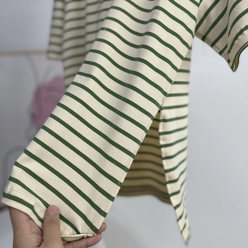 Hirsionsan Summer Oversized 100% Cotton T Shirt Women 2023 New Loose Striped Split Tees Casual Tshirt Basic Female Tops