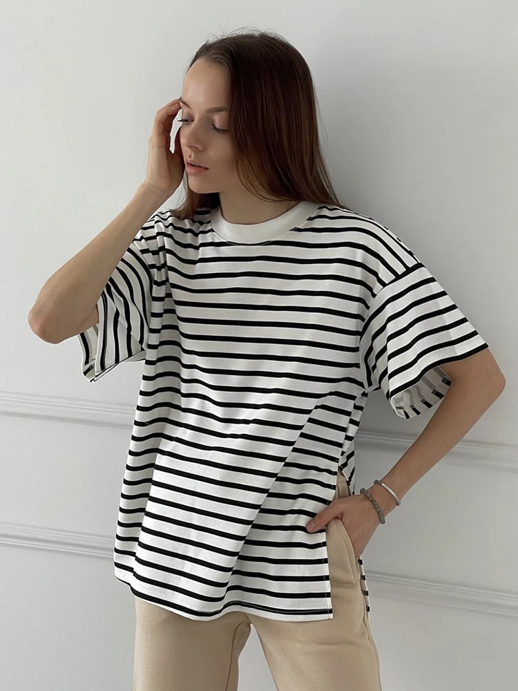 Hirsionsan Summer Oversized 100% Cotton T Shirt Women 2023 New Loose Striped Split Tees Casual Tshirt Basic Female Tops