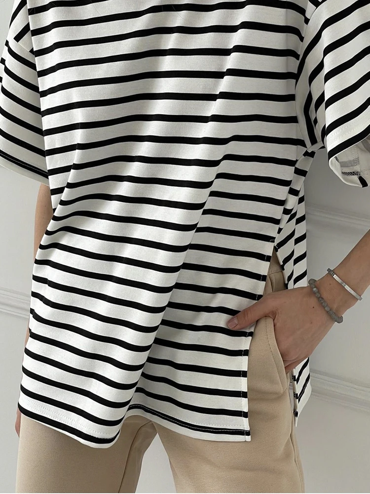 Hirsionsan Summer Oversized 100% Cotton T Shirt Women 2023 New Loose Striped Split Tees Casual Tshirt Basic Female Tops