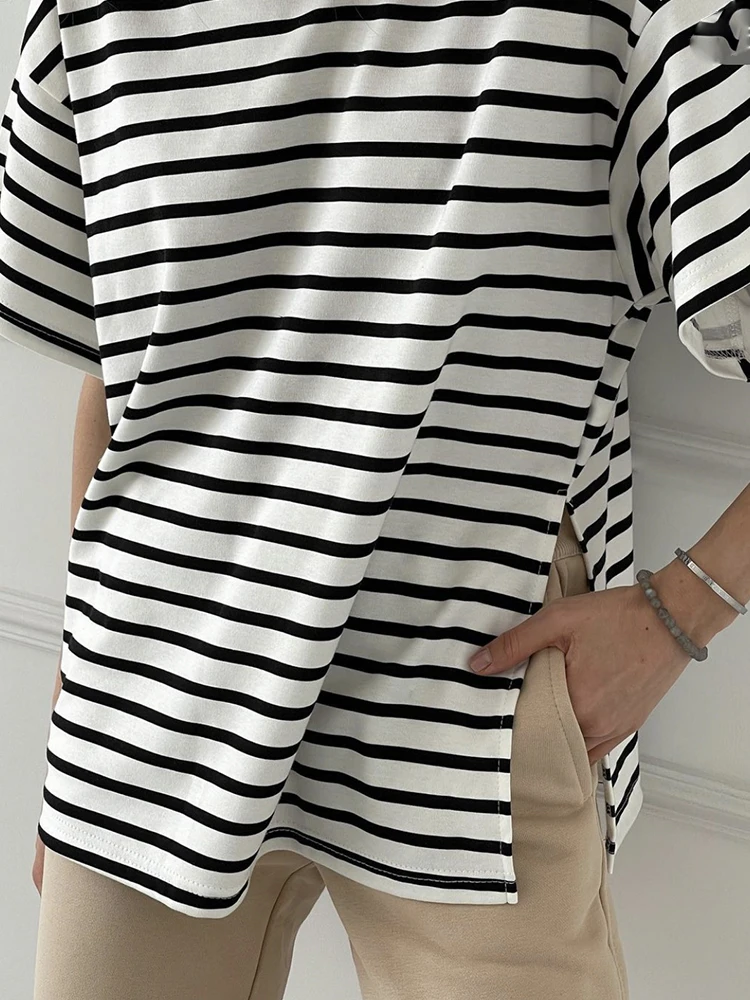 Hirsionsan Summer Oversized 100% Cotton T Shirt Women 2023 New Loose Striped Split Tees Casual Tshirt Basic Female Tops