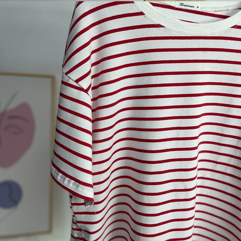 Hirsionsan Summer Oversized 100% Cotton T Shirt Women 2023 New Loose Striped Split Tees Casual Tshirt Basic Female Tops