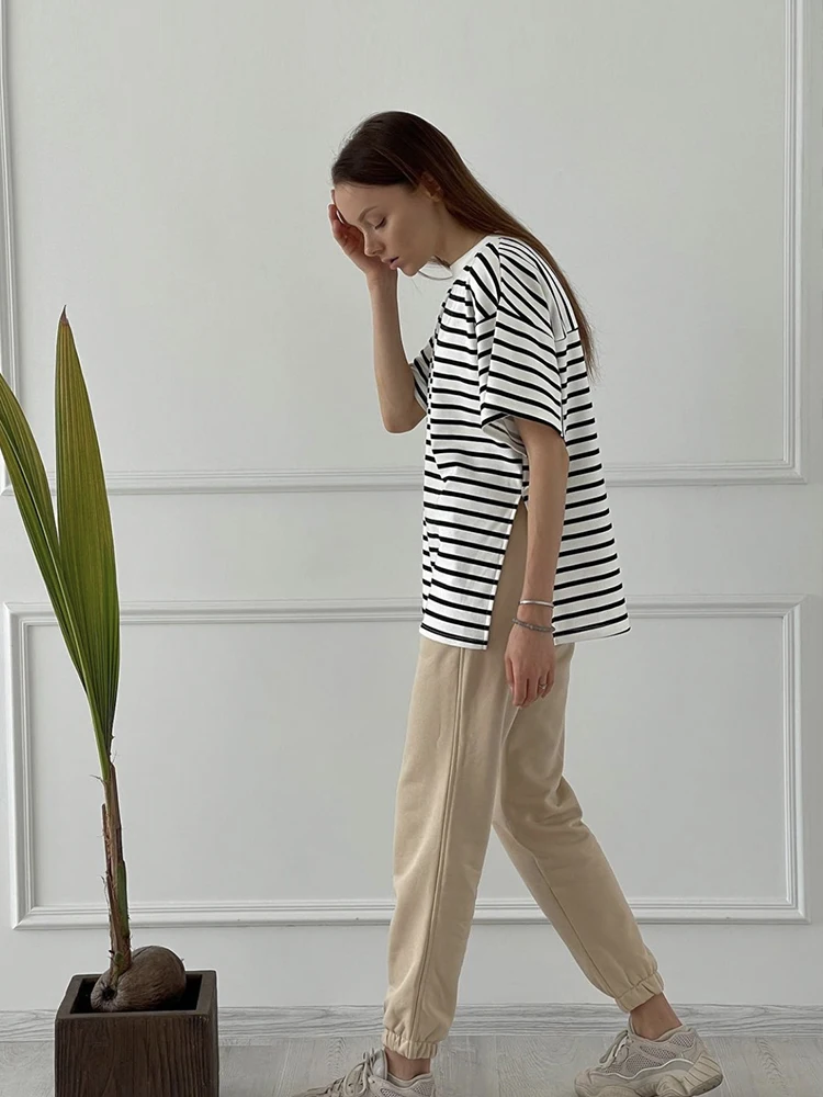 Hirsionsan Summer Oversized 100% Cotton T Shirt Women 2023 New Loose Striped Split Tees Casual Tshirt Basic Female Tops
