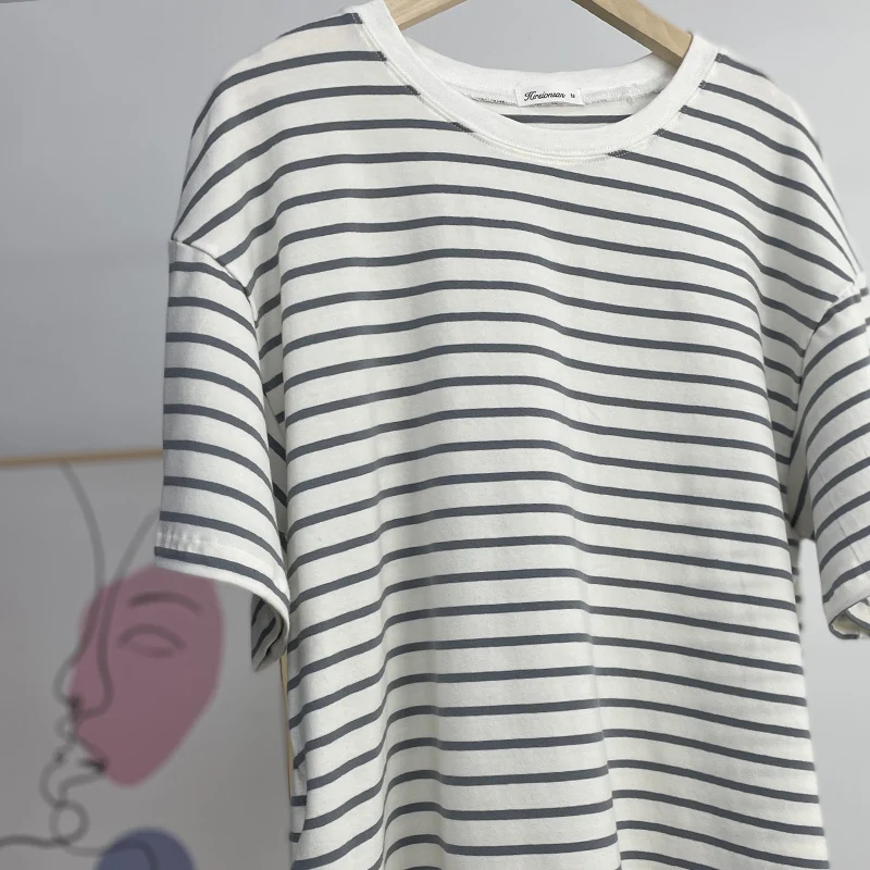 Hirsionsan Summer Oversized 100% Cotton T Shirt Women 2023 New Loose Striped Split Tees Casual Tshirt Basic Female Tops