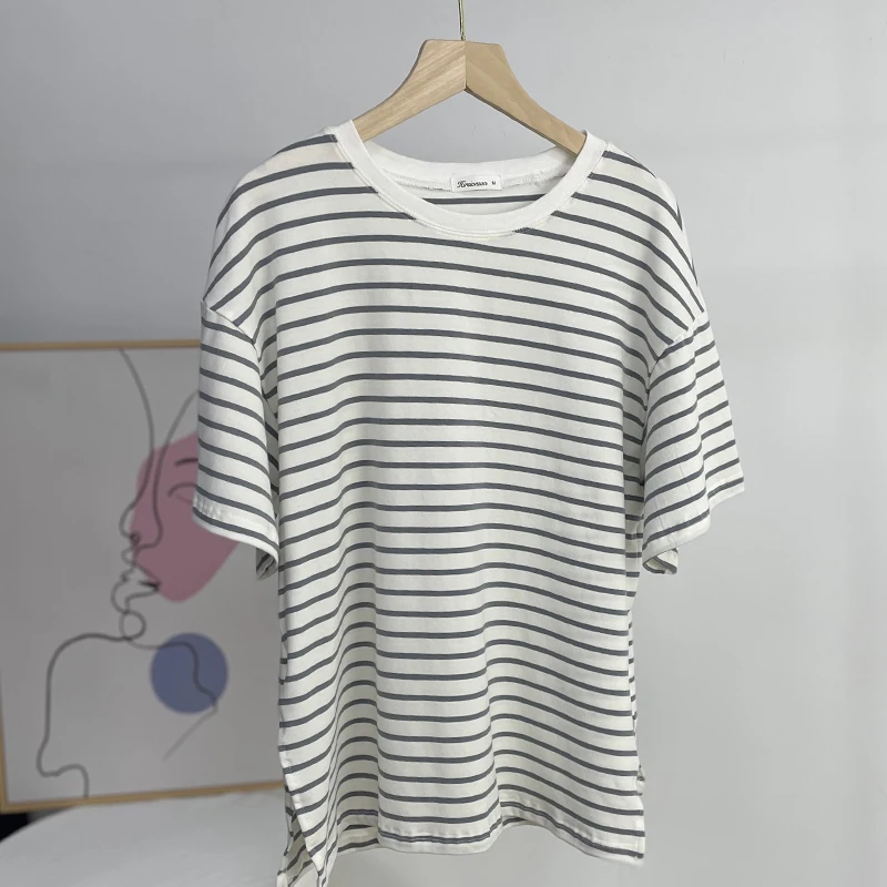 Hirsionsan Summer Oversized 100% Cotton T Shirt Women 2023 New Loose Striped Split Tees Casual Tshirt Basic Female Tops