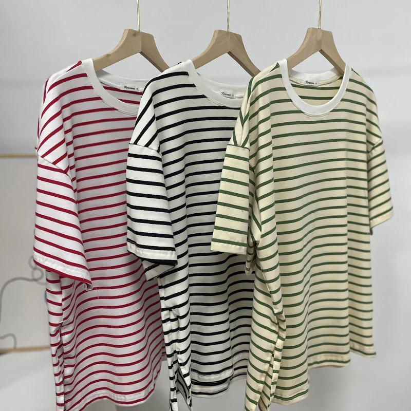 Hirsionsan Summer Oversized 100% Cotton T Shirt Women 2023 New Loose Striped Split Tees Casual Tshirt Basic Female Tops