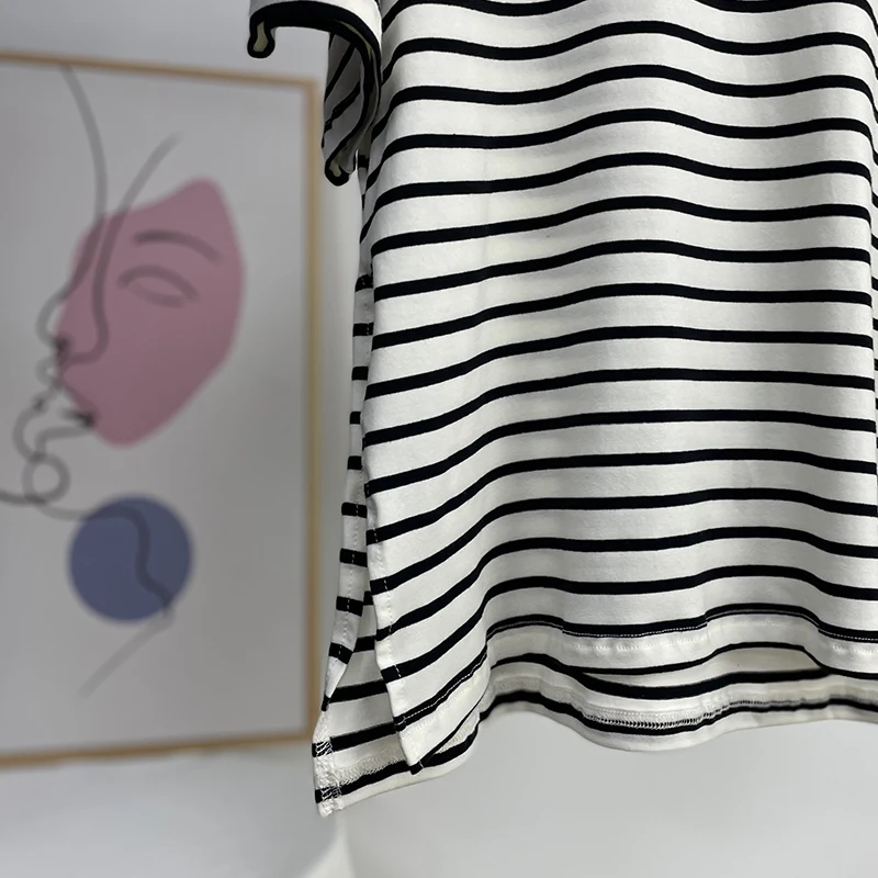 Hirsionsan Summer Oversized 100% Cotton T Shirt Women 2023 New Loose Striped Split Tees Casual Tshirt Basic Female Tops
