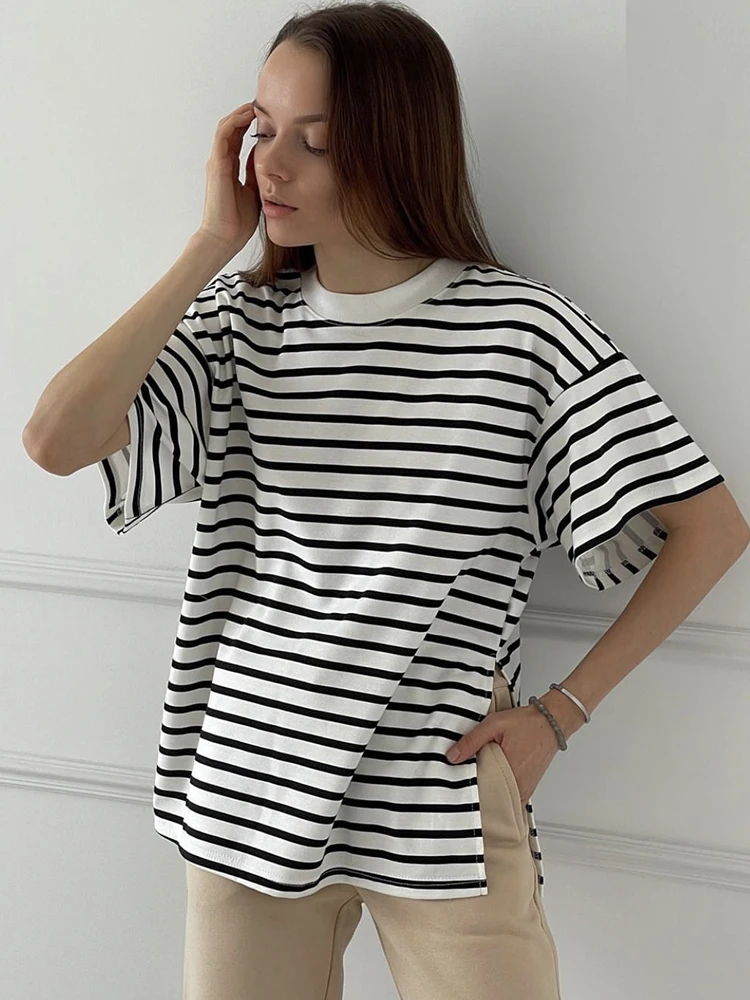 Hirsionsan Summer Oversized 100% Cotton T Shirt Women 2023 New Loose Striped Split Tees Casual Tshirt Basic Female Tops