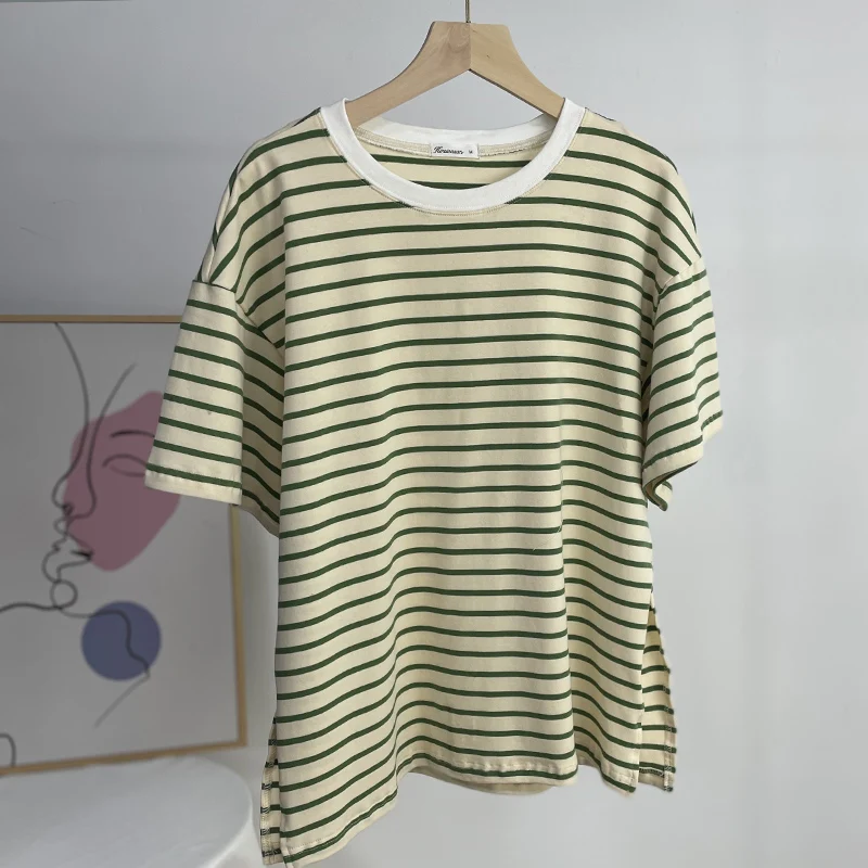Hirsionsan Summer Oversized 100% Cotton T Shirt Women 2023 New Loose Striped Split Tees Casual Tshirt Basic Female Tops