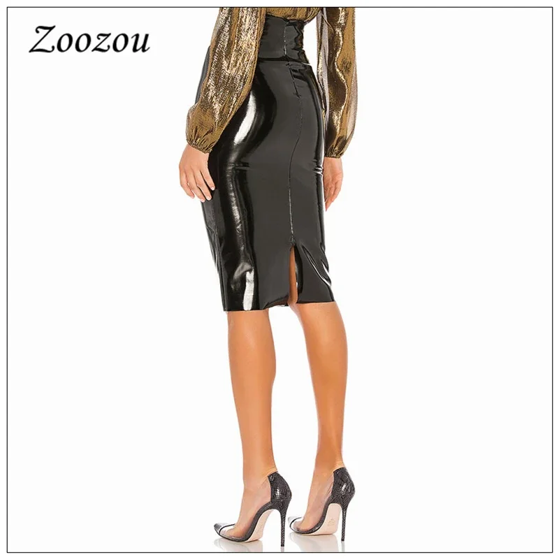 High Waist Latex Patent Leather PVC Midi Skirt Women Plus Size Elegant Slit Office Lady Pencil Skirt Pu Knee Length Skirt Custom
