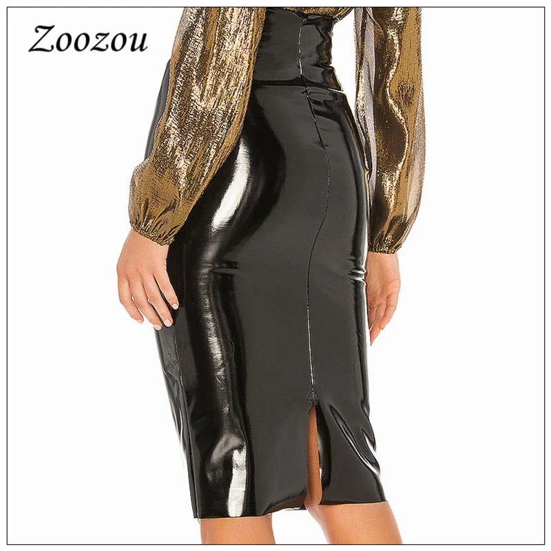 High Waist Latex Patent Leather PVC Midi Skirt Women Plus Size Elegant Slit Office Lady Pencil Skirt Pu Knee Length Skirt Custom
