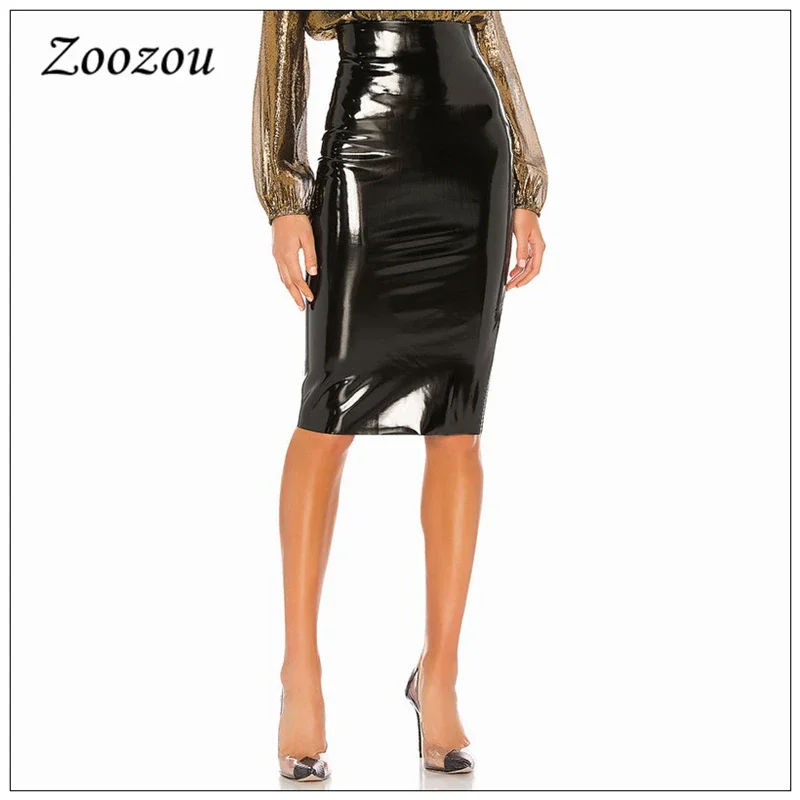 High Waist Latex Patent Leather PVC Midi Skirt Women Plus Size Elegant Slit Office Lady Pencil Skirt Pu Knee Length Skirt Custom
