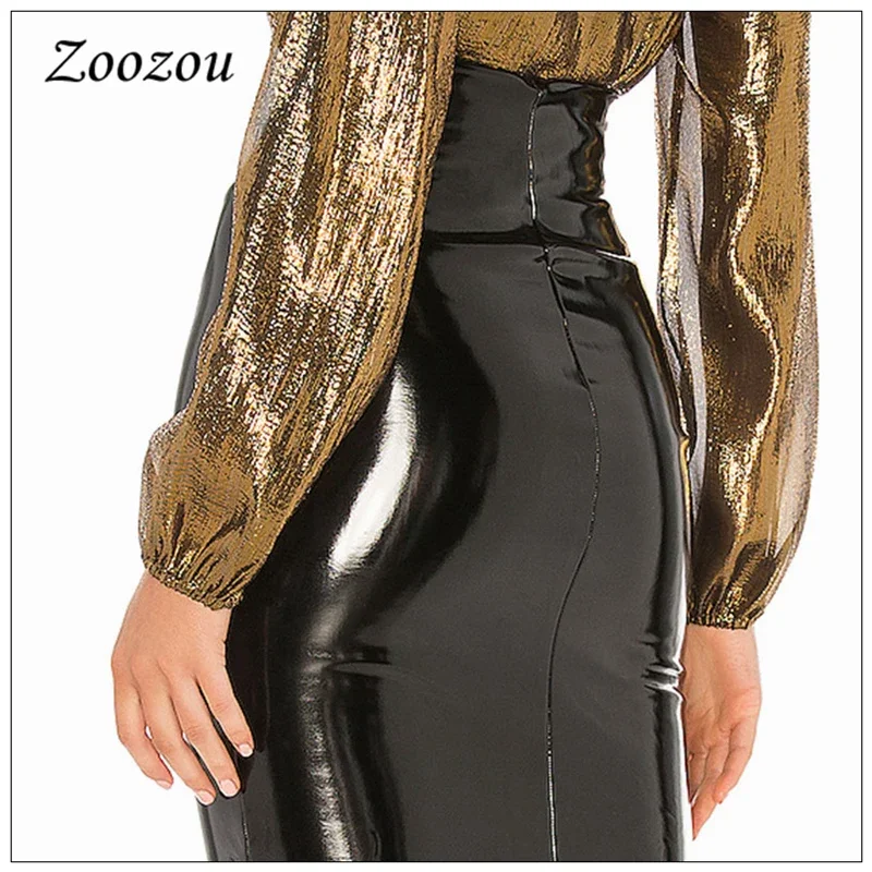 High Waist Latex Patent Leather PVC Midi Skirt Women Plus Size Elegant Slit Office Lady Pencil Skirt Pu Knee Length Skirt Custom