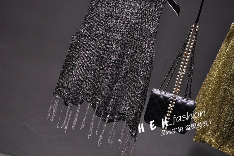 Sexy Shiny Gold Silver Knitted Tank Tops Women Bling Bling Sequined Tassels Knitted Vest All Neon Store Clothes Korean