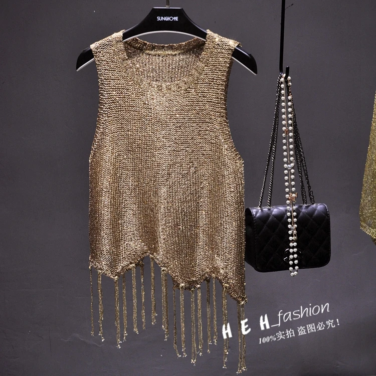 Sexy Shiny Gold Silver Knitted Tank Tops Women Bling Bling Sequined Tassels Knitted Vest All Neon Store Clothes Korean