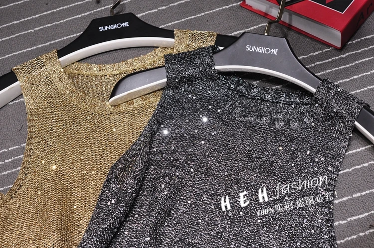 Sexy Shiny Gold Silver Knitted Tank Tops Women Bling Bling Sequined Tassels Knitted Vest All Neon Store Clothes Korean