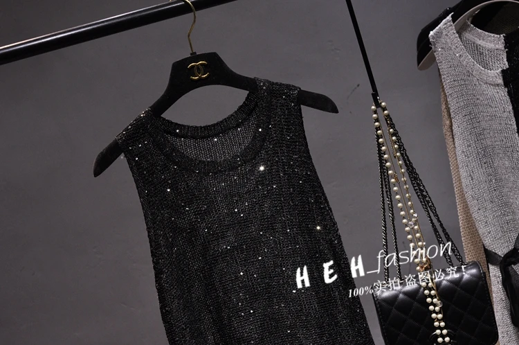 Sexy Shiny Gold Silver Knitted Tank Tops Women Bling Bling Sequined Tassels Knitted Vest All Neon Store Clothes Korean