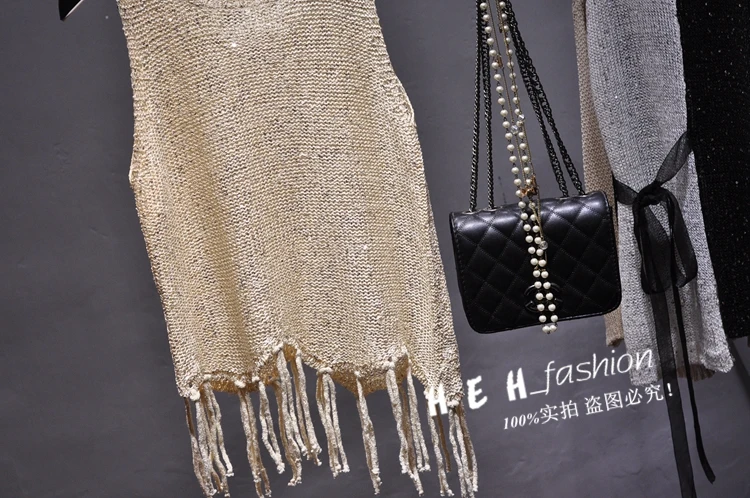 Sexy Shiny Gold Silver Knitted Tank Tops Women Bling Bling Sequined Tassels Knitted Vest All Neon Store Clothes Korean