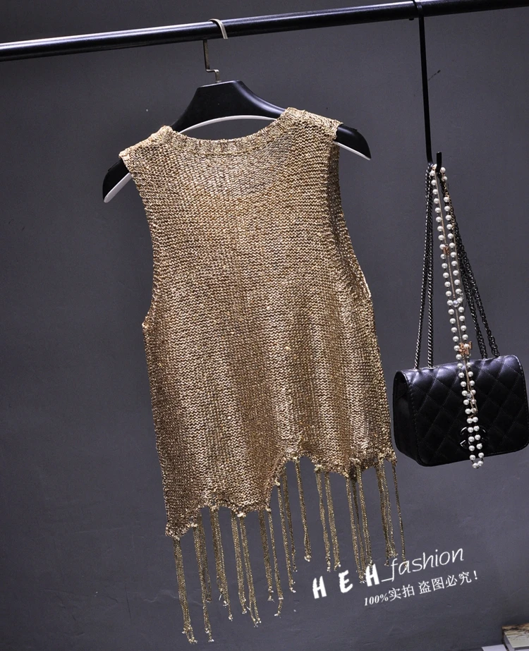 Sexy Shiny Gold Silver Knitted Tank Tops Women Bling Bling Sequined Tassels Knitted Vest All Neon Store Clothes Korean