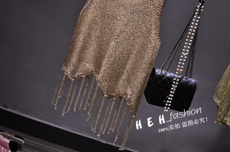Sexy Shiny Gold Silver Knitted Tank Tops Women Bling Bling Sequined Tassels Knitted Vest All Neon Store Clothes Korean