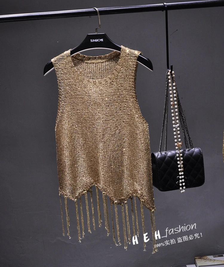 Sexy Shiny Gold Silver Knitted Tank Tops Women Bling Bling Sequined Tassels Knitted Vest All Neon Store Clothes Korean