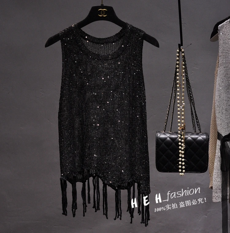 Sexy Shiny Gold Silver Knitted Tank Tops Women Bling Bling Sequined Tassels Knitted Vest All Neon Store Clothes Korean