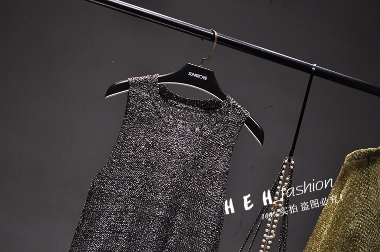 Sexy Shiny Gold Silver Knitted Tank Tops Women Bling Bling Sequined Tassels Knitted Vest All Neon Store Clothes Korean