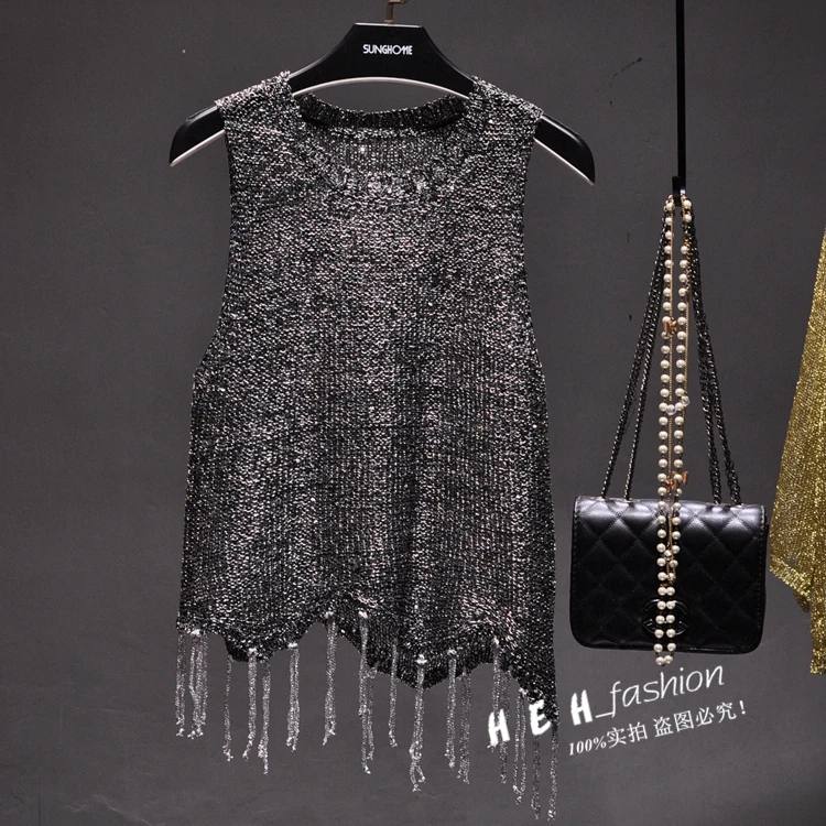 Sexy Shiny Gold Silver Knitted Tank Tops Women Bling Bling Sequined Tassels Knitted Vest All Neon Store Clothes Korean