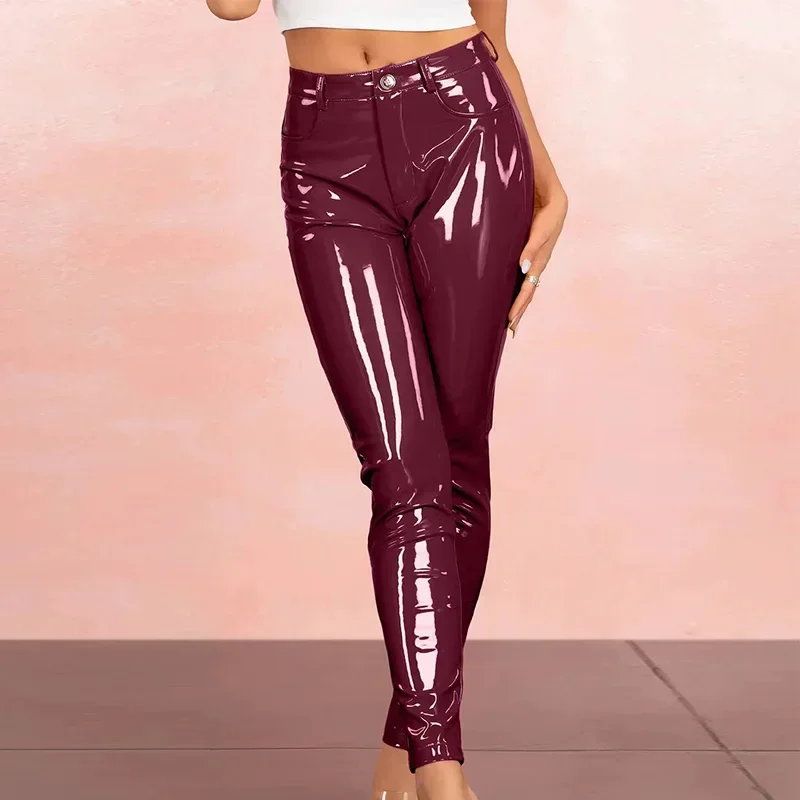 Shiny Patent Leather Bodycon Pencil Pants Women High Waist Gothic Stretch Slim Trousers Ladies PVC Cropped Pants Custom Clubwear