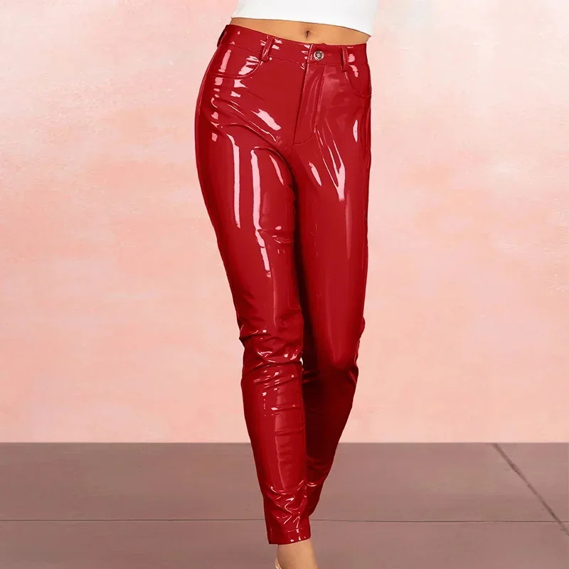 Shiny Patent Leather Bodycon Pencil Pants Women High Waist Gothic Stretch Slim Trousers Ladies PVC Cropped Pants Custom Clubwear