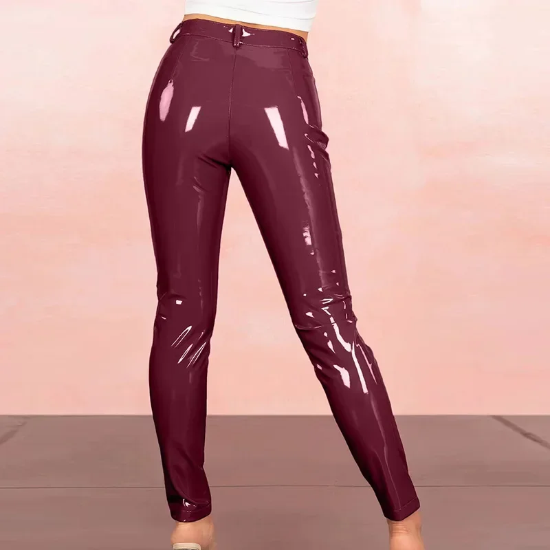 Shiny Patent Leather Bodycon Pencil Pants Women High Waist Gothic Stretch Slim Trousers Ladies PVC Cropped Pants Custom Clubwear