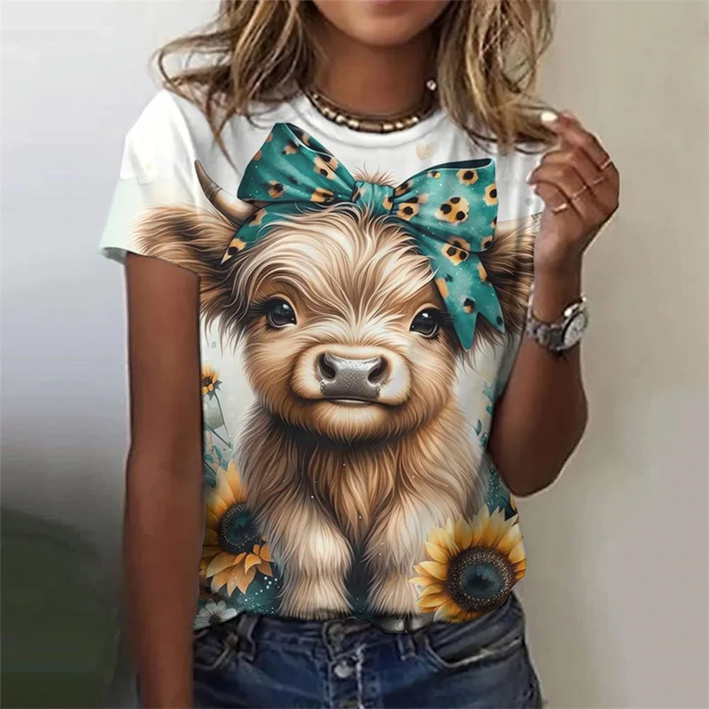 Cute Cow Donkey Pattern T-Shirt For Women Flower Animals 3D Printed T Shirts Summer Fashion Street Tees O-Neck Tops Short Sleeve