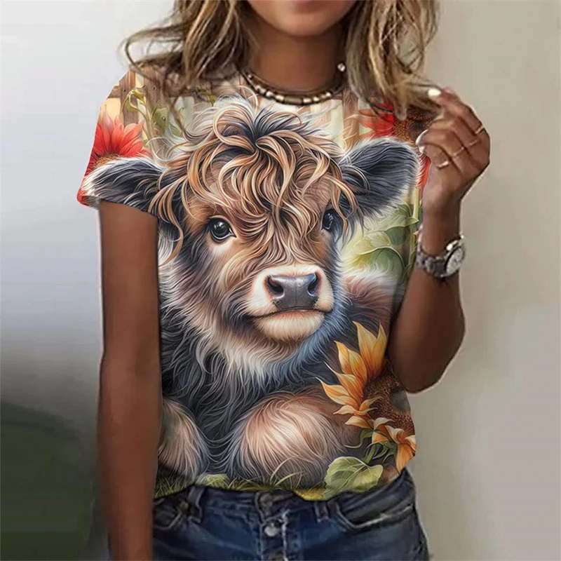 Cute Cow Donkey Pattern T-Shirt For Women Flower Animals 3D Printed T Shirts Summer Fashion Street Tees O-Neck Tops Short Sleeve